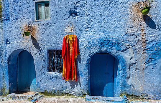 建筑外观,红裙,蓝色背景,涂绘,房子,麦地那,舍夫沙万,沙温,摩洛哥,非洲