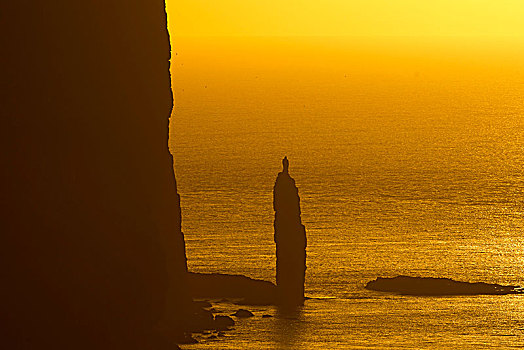 海蚀柱,特罗尔,传说,日落,法罗群岛,丹麦,欧洲
