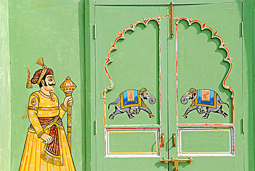 绿色,墙壁,门,大象,拉杰普特,城市宫殿,乌代浦尔,拉贾斯坦邦,北印度,印度,亚洲