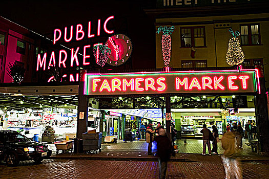 农民,市场,霓虹标识,夜晚,城市