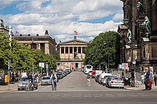 街道,博物馆,老,左边,国家美术馆,背影,柏林大教堂,右边,地区,柏林,德国,欧洲