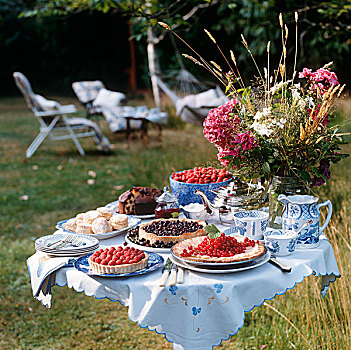 夏天,下午茶,树莓馅饼,黑醋栗,点心,烤饼,水果蛋糕,红醋栗,苹果蛋糕