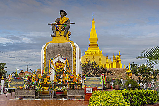 雕塑,国王,塔銮寺,背景,万象,老挝,印度支那,东南亚