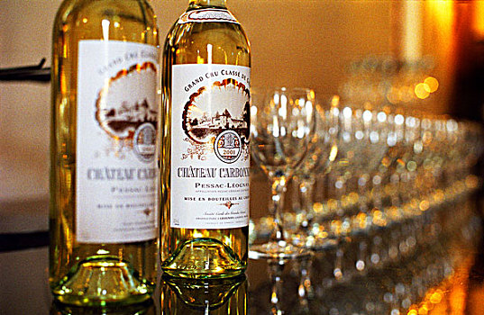 瓶子,旧式,2001年,白葡萄酒,排,玻璃杯,排列,品酒,法国