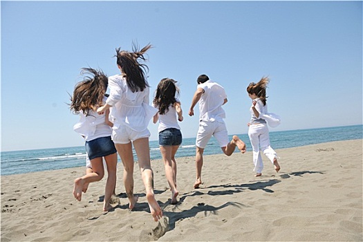 高兴,人,群体,开心,跑,海滩