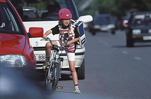 孩子,道路交通,自行车,女孩,汽车,堵塞,亮光