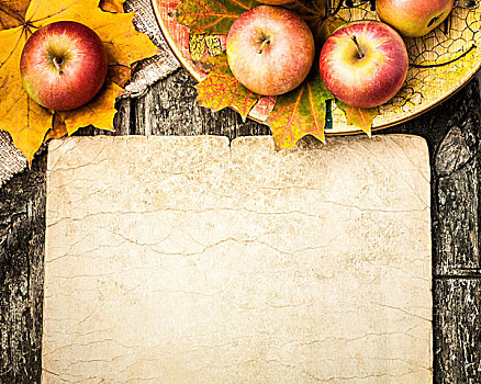 秋天,背景,苹果,枫叶,木桌子,旧式,纸,留白