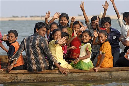 学童,木船,死水,喀拉拉,印度南部,亚洲