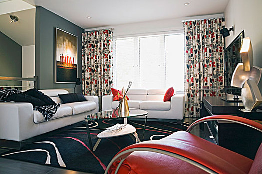 红色,扶手椅,白色,沙发,复古,茶几,图案,地毯,现代生活,房间