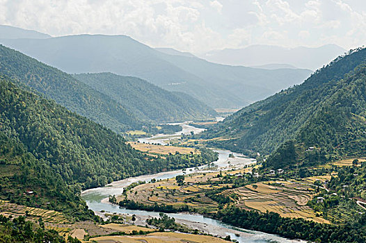 河,弯曲,山谷,靠近,普那卡,喜马拉雅山,英国,不丹,南亚,亚洲