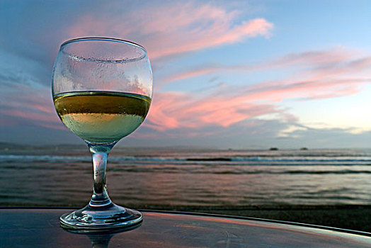 玻璃,白色,葡萄酒,下方,日落,上方,大西洋,海洋,苏维拉,摩洛哥
