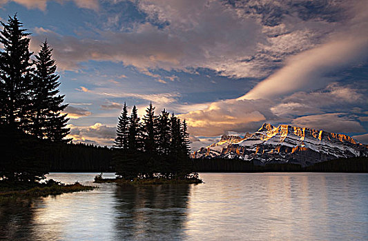 湖,山峦,日出,加拿大,班夫国家公园,班芙国家公园,艾伯塔省