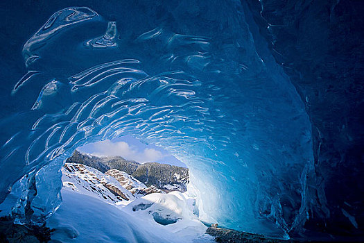 室内,冰,洞穴,看,外面,雪盖,风景,棉田豪冰河,靠近,东南阿拉斯加,冬天