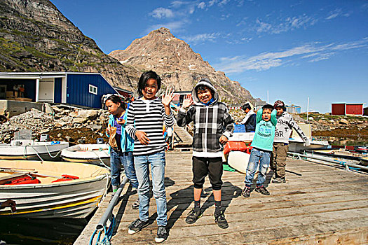 格陵兰,儿童,站立,港口,码头