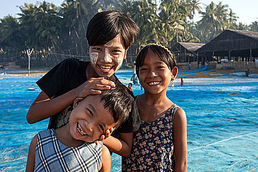孩子,海滩,渔村,若开邦,缅甸,亚洲
