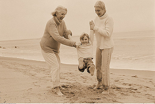 祖母,晃动,孙女,海滩