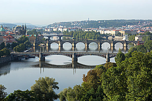 风景,山,上方,伏尔塔瓦河,桥,历史,中心,塔,布拉格,捷克共和国,欧洲