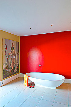 单独,浴缸,浴室,红墙