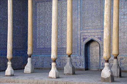 木质,柱子,墙壁,装饰,蓝色,希瓦,乌兹别克斯坦
