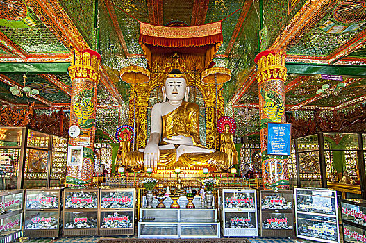 金色,坐,佛,装饰,花,庙宇,塔,传说,山,曼德勒,缅甸