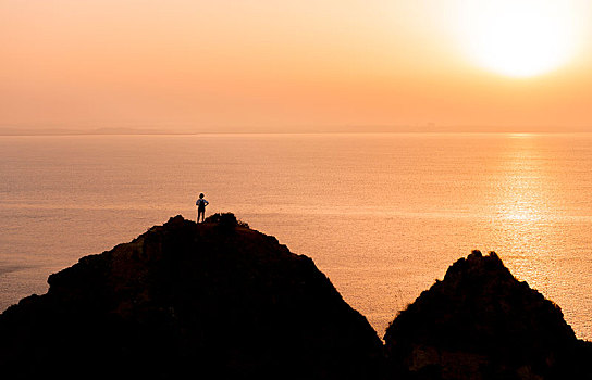 日落,石头,海中,阿尔加维,岩石海岸,拉各斯,葡萄牙,欧洲