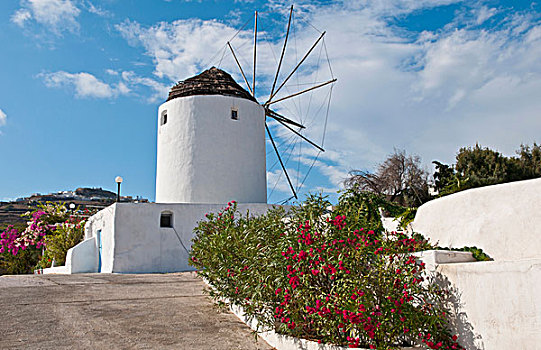白色,风车,房子,山谷,希腊,希腊群岛