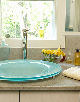 蓝色,玻璃,盥洗池,大理石,现代,浴室
