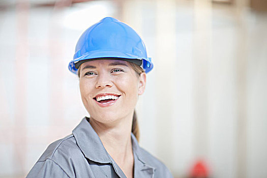女性,建筑工人,蓝色,安全帽