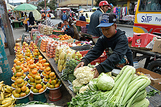 童工,男孩,12岁,销售,蔬菜,街边市场,村镇,波哥大,哥伦比亚,南美
