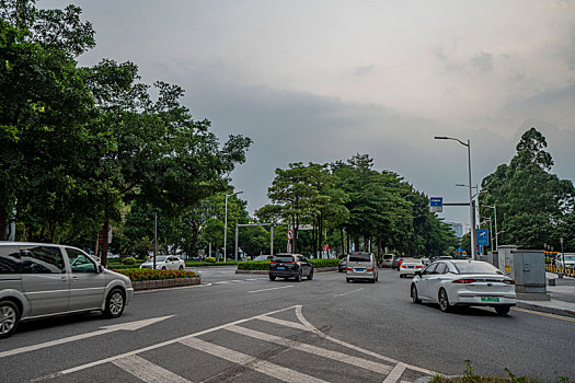 羊城广州夏天周末的下午临江大道上的车流与建筑