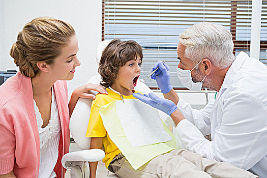 儿科,牙医,检查,小男孩,牙齿,母亲,看