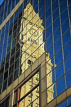仰视,反射,塔,玻璃墙,建筑,海关大楼,波士顿,马萨诸塞,美国