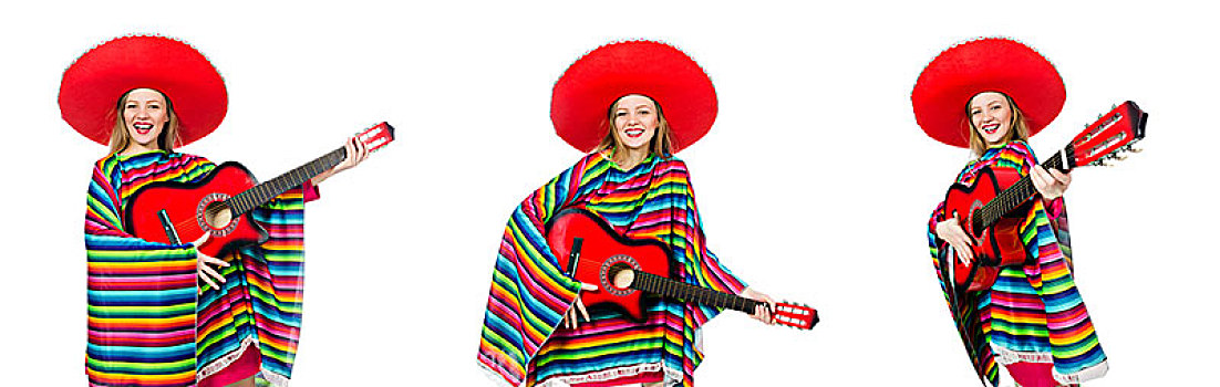 漂亮,女孩,墨西哥人,雨披,吉他,隔绝,白色背景