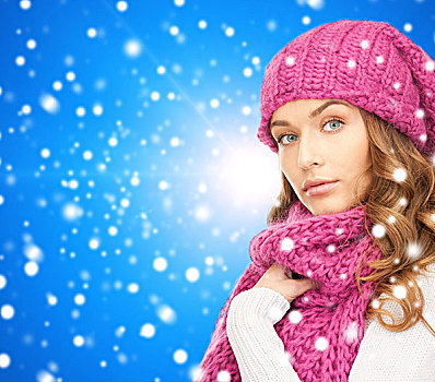 高兴,寒假,圣诞节,人,概念,少妇,粉色,帽子,围巾,上方,蓝色,雪,背景