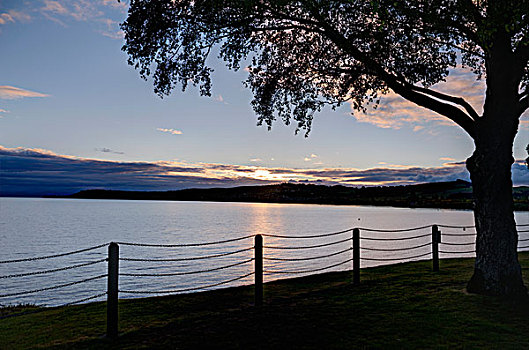 日落,上方,湖,陶波,新西兰