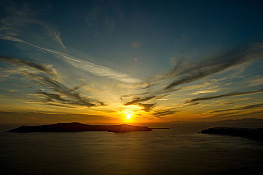 日落,上方,海洋,地平线,锡拉岛,希腊