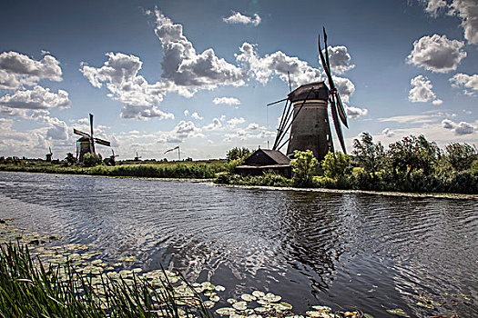 风车,运河,小孩堤防风车村,荷兰
