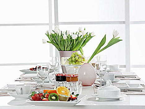桌子,早餐,白色,郁金香,水果