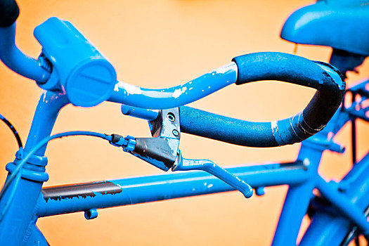 老,自行车,特写,清漆,蓝色,正面,橙色,墙壁