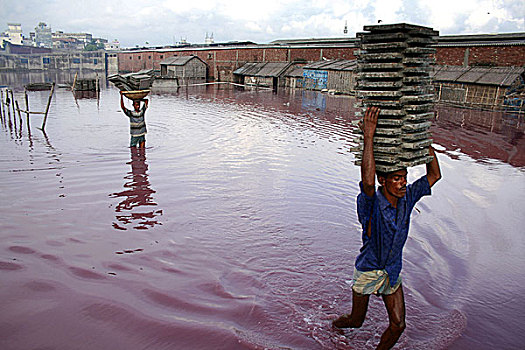 静滞,雨,水,制革厂,垃圾,区域,老,达卡,污染,地点,河,孟加拉,六月,2007年