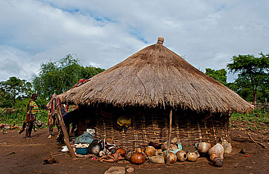 埃塞俄比亚,奥莫低谷,部族,部落,乡村,小屋,家,茅草屋顶