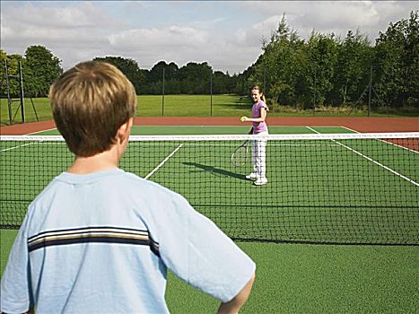 男孩,女孩,玩,网球