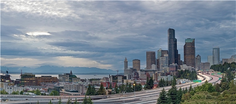 西雅图,市区,天际线,高速公路,全景