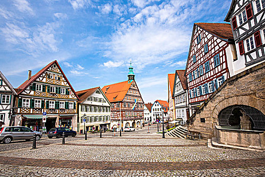 半木结构房屋,市场,巴登符腾堡,德国,欧洲
