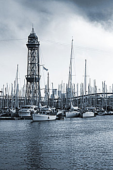 港口,巴塞罗那,西班牙,游艇,船,老,大,塔,单色调,竖图,照片