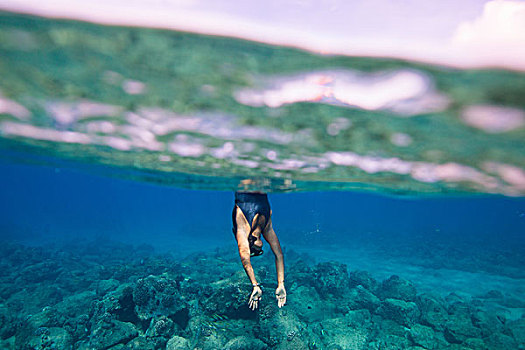 水下视角,女人,潜水,水,瓦胡岛,夏威夷,美国