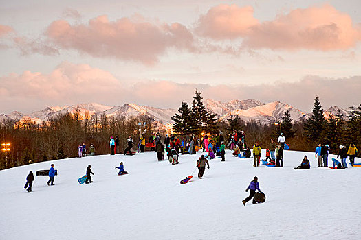 人,雪橇运动,山,公园,黄昏,太阳,日落,楚加奇山,背景,阿拉斯加,冬天