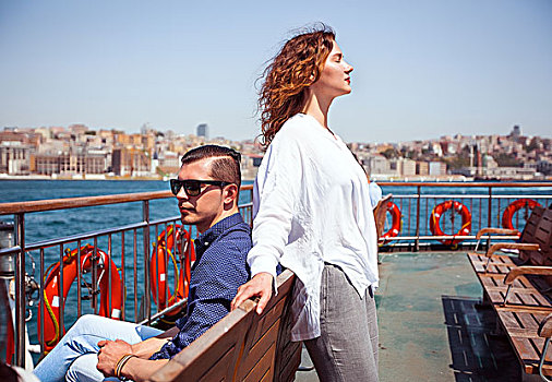 年轻,游客,情侣,乘客,渡轮,甲板,贝亚,土耳其