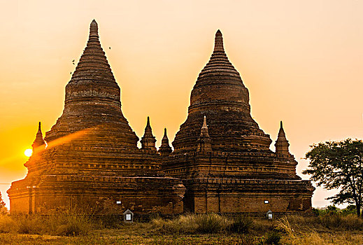 塔,逆光,庙宇,佛塔,日出,蒲甘,曼德勒省,缅甸,亚洲