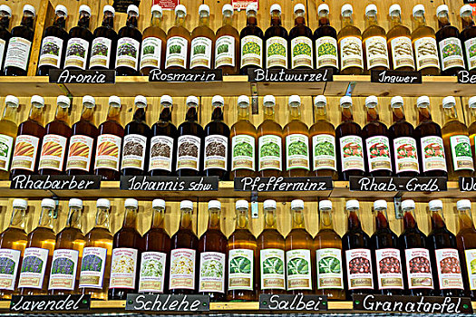 糖浆,不同,品种,瓶子,货摊,慕尼黑,巴伐利亚,德国,欧洲